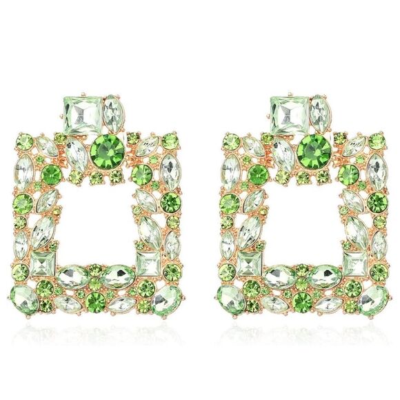 Yellow Gold with Peridot Green Crystal Geometric Square Post Back Drop Earrings